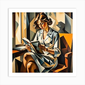 Woman Sitting in Chair and Reading Cubism Style Art Print