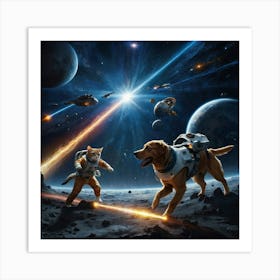 A dog and a cat fighting in the space Art Print