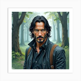 Watercolor Portrait Of Keanu Reeves In A Misty, Mystical Forest Setting Art Print