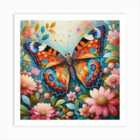 Colourful Butterfly Painting with Flowers III Art Print