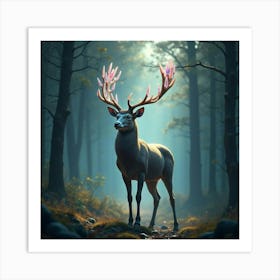 A Majestic Deer With Antlers Of Shimmering Crystal Standing In A Magical Forest Art Print