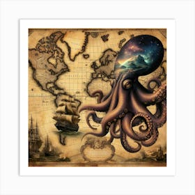 Octopus Tentacles On A Map 1 Art Print