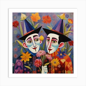 Two Clowns With Flowers Art Print