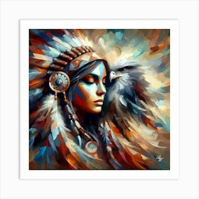 Native American Indian Woman With Hawk 1 Art Print