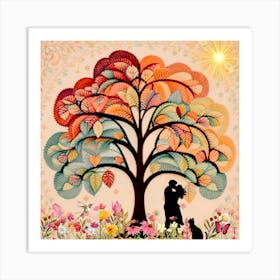 Couple And A Cat Under A Tree Art Print