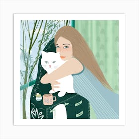 Green Girl With A White Cat Square Art Print