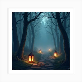 Gentle Fog And Glowing Lanterns In An Enchanted Forest 1 Art Print