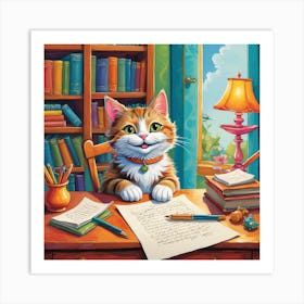 Cat At The Desk Art Print