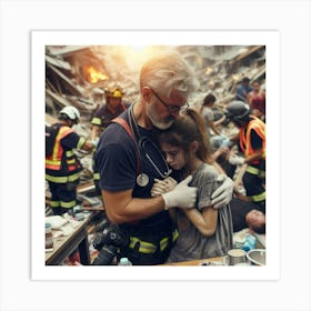 Image Of A Firefighter Helping A Girl In A Disaster Art Print