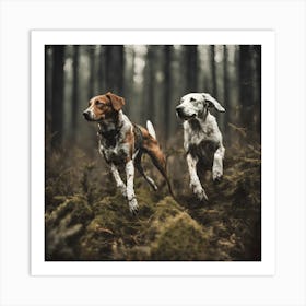 Two Dogs Running In The Forest Art Print