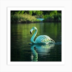 Firefly Whimsical Green Flamingo Gliding On A Glass Lake 70190 (2) Art Print