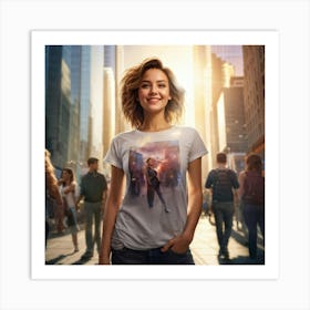 Confident Young Woman Smiling Radiantly Dressed In A Trendy T Shirt Stands At The Center Of A Bus (6) Art Print