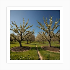 A Peaceful Orchard With Fruit Trees In Full Bloom And A Clear Blue Sky 2 Art Print