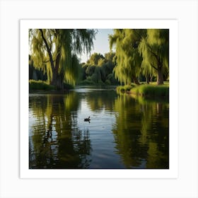 A Serene Riverbank With Willow Trees And Ducks Swimming In The Water Art Print