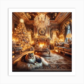 Cozy Christmas Family Scene, Purring Cat, Fireplace, Christmas Tree, Ornate Decoration, Living Room, Christmas Decoration, Gifts Art Print