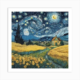 Night Sky With Clouds, With Van Gogh S Starry Night Drawing Style Art Print