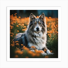 Dog In A Field of flower's Art Print