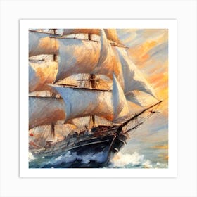 Sailing Ship In The Ocean At Sunset Art Print