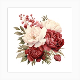 Elegant Red and White Floral Bouquet Wall Art - Peonies and Roses Print Art Print