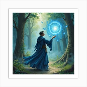 Sorcerer Controlling The Elements In An Enchanted Forest, Watercolor 1 1 Art Print