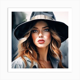 The Explorers Beautiful Daughter with a Black Hat - Watercolor Portrait Painting Art Print