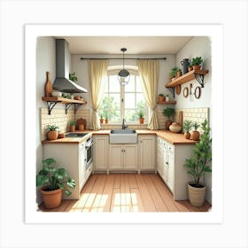 Cozy And Beautiful Kitchen In Watercolor, Homey, Warm 1 Art Print