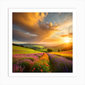 Sunset In The Lavender Field Art Print