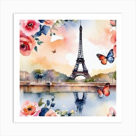 Paris With Roses And Butterflies 1 Art Print