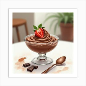 Watercolor Depiction Of A Classic And Indulgent Chocolate Mousse On A Cozy Dining Table Art Print