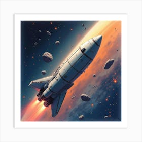 Shuttle Navigating A Watercolor Asteroid Belt 1 Art Print