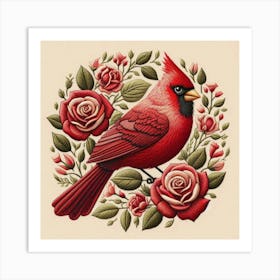 Red Cardinal With Roses Art Print