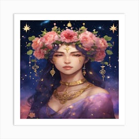 Girl With Flowers On Her Head Art Print