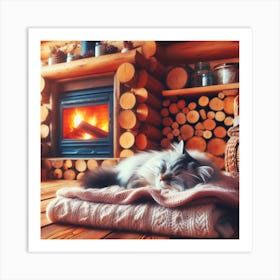Cat Sleeping In Front Of Fireplace 1 Art Print
