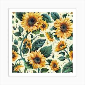 Sunflowers Green Leaves Art Print