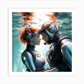 3d Dslr Photography Couples Inside Under The Sea Water Swimming Holding Each Other, Cyberpunk Art, By Krenz Cushart, Both Are Wearing A Futuristic Swimming With Helmet Suit Of Power Armor Art Print