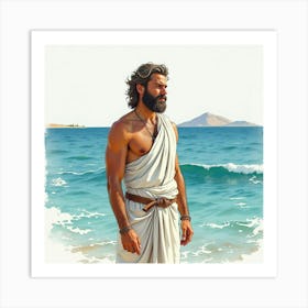 A Watercolor Depiction Of A Greek Man With A Strong Presence By The Timeless Sea 1 Art Print