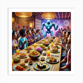 A Lively Dining Scene Featuring Food Adventurers E Art Print