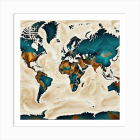 World Map In Blue And Brown Art Print