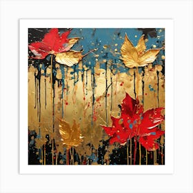 Acrylic Paint Drips And Metal Leaf , Autumn Leaves Art Print