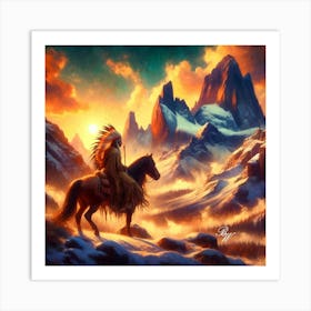 Oil Texture Native American Indian On Horseback In The Mountains Copy Art Print