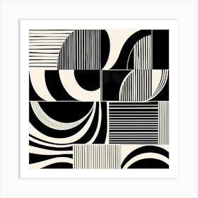 Retro Inspired Linocut Abstract Shapes Black And White Colors art, 221 Art Print