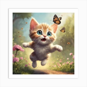 Cute Kitten With Butterflies Art Print