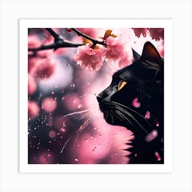 Black Cat amongst the Cherry Blossom Trees on a Rainy Day Art Print