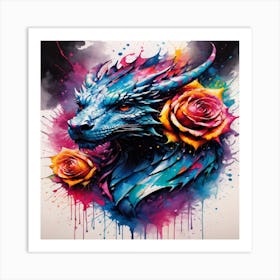 Dragon With Roses Art Print