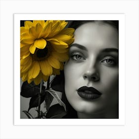 Black And White Portrait Of A Woman With Sunflower Art Print