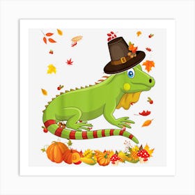 Pilgrim Iguana Happy Thanksgiving Thankful Pumpkin Grateful Art Print