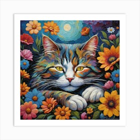 Psychedelic painting art of a cat surrounded by flowers Art Print