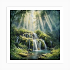 A Tranquil Retreat Watercolor Painting Of A Forest Waterfall (4) Art Print