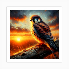 Falcon on Branch at Morning Color Detail Painting - Wild Bird Artwork 116 Art Print