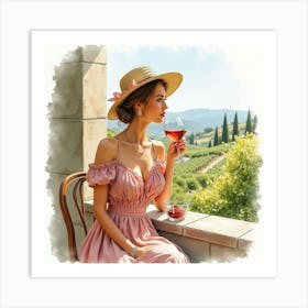 Elegant Italian Woman In Watercolor, Enjoying A Fine Wine In Tuscany Art Print